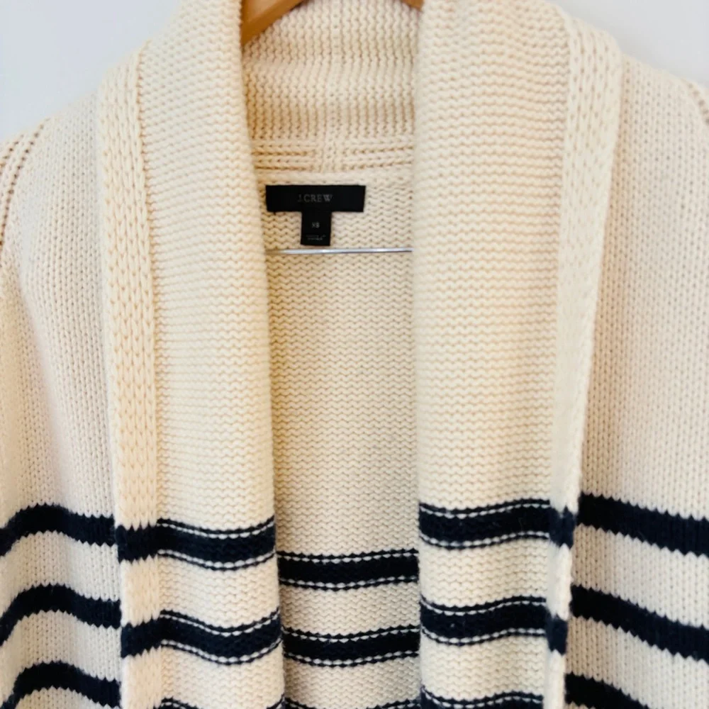 J. Crew Long Open Cardigan Sweater Navy Stripe Cotton Wool Blend Sz XS - Picture 4 of 12